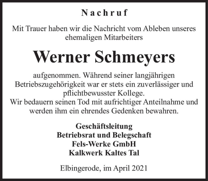  Traueranzeige für Werner Schmeyers  vom 17.04.2021 aus Magdeburger Volksstimme