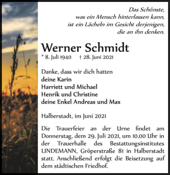 Traueranzeige von Werner Schmidt  von Magdeburger Volksstimme