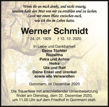 Traueranzeige von Werner Schmidt  von Magdeburger Volksstimme