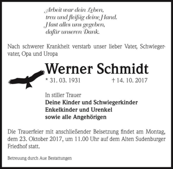 Traueranzeige von Werner Schmidt  von Magdeburger Volksstimme