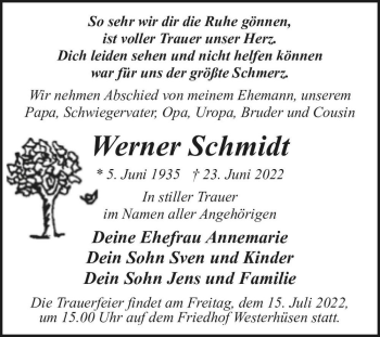 Traueranzeige von Werner Schmidt  von Magdeburger Volksstimme