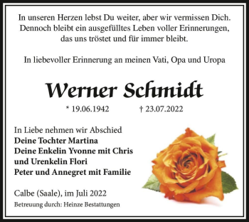 Traueranzeige von Werner Schmidt  von Magdeburger Volksstimme