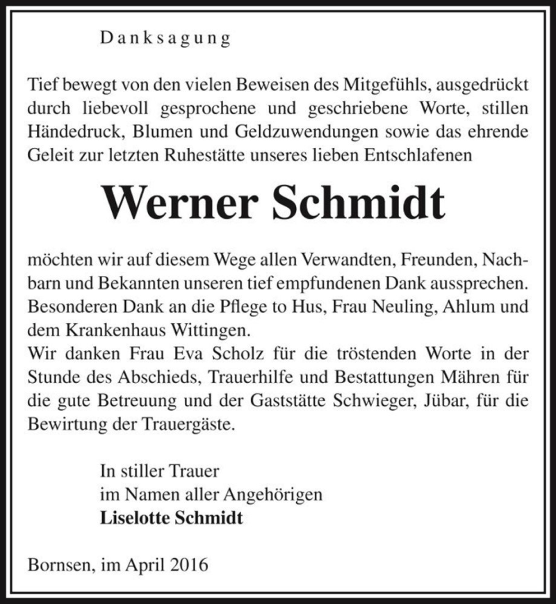  Traueranzeige für Werner Schmidt  vom 06.04.2016 aus Magdeburger Volksstimme