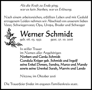 Traueranzeige von Werner Schmidt  von Magdeburger Volksstimme