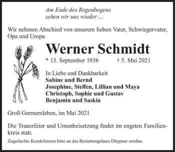 Traueranzeige von Werner Schmidt  von Magdeburger Volksstimme