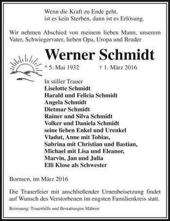 Traueranzeige von Werner Schmidt  von Magdeburger Volksstimme