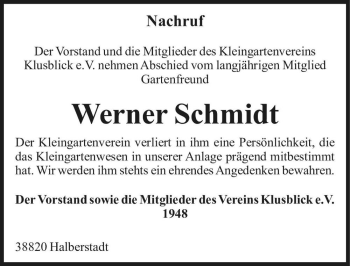 Traueranzeige von Werner Schmidt  von Magdeburger Volksstimme