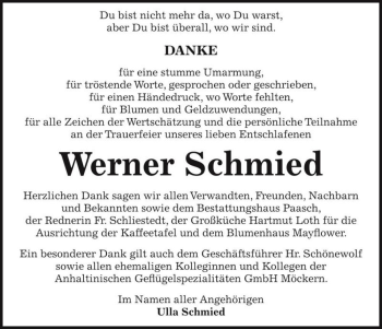 Traueranzeige von Werner Schmied  von Magdeburger Volksstimme