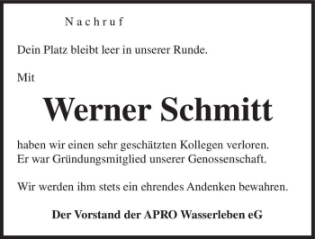 Traueranzeige von Werner Schmitt  von Magdeburger Volksstimme