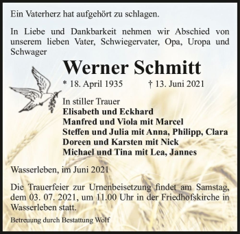 Traueranzeige von Werner Schmitt  von Magdeburger Volksstimme