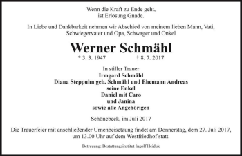 Traueranzeige von Werner Schmähl  von Magdeburger Volksstimme