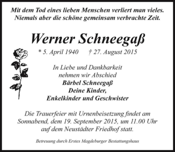 Traueranzeige von Werner Schneegaß  von Magdeburger Volksstimme