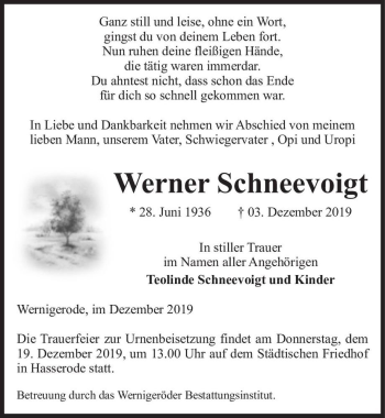 Traueranzeige von Werner Schneevoigt  von Magdeburger Volksstimme