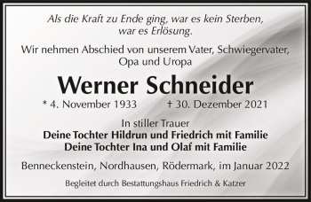 Traueranzeige von Werner Schneider  von Magdeburger Volksstimme