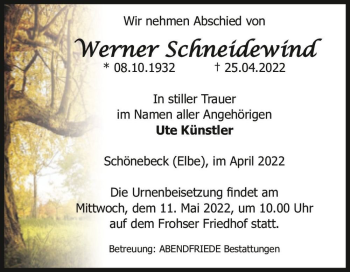 Traueranzeige von Werner Schneidewind  von Magdeburger Volksstimme
