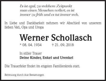 Traueranzeige von Werner Schollasch  von Magdeburger Volksstimme