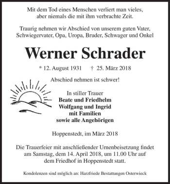 Traueranzeige von Werner Schrader  von Magdeburger Volksstimme