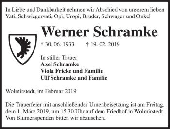 Traueranzeige von Werner Schramke  von Magdeburger Volksstimme