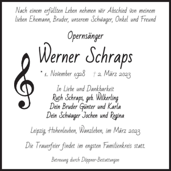 Traueranzeige von Werner Schraps  von Magdeburger Volksstimme