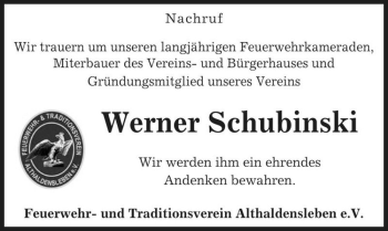 Traueranzeige von Werner Schubinski  von Magdeburger Volksstimme