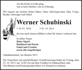 Traueranzeige von Werner Schubinski  von Magdeburger Volksstimme