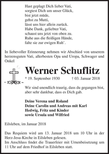 Traueranzeige von Werner Schuflitz  von Magdeburger Volksstimme
