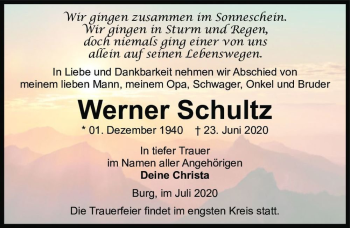 Traueranzeige von Werner Schultz  von Magdeburger Volksstimme