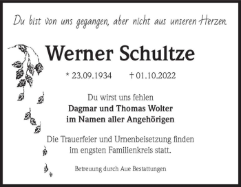 Traueranzeige von Werner Schultze  von Magdeburger Volksstimme