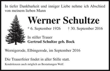 Traueranzeige von Werner Schultze  von Magdeburger Volksstimme