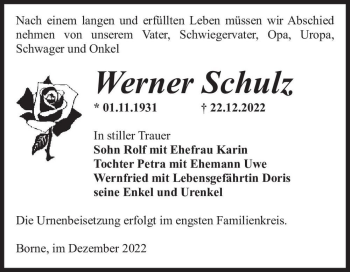 Traueranzeige von Werner Schulz  von Magdeburger Volksstimme