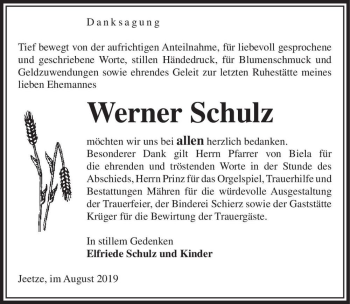 Traueranzeige von Werner Schulz  von Magdeburger Volksstimme