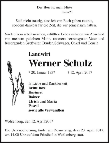 Traueranzeige von Werner Schulz  von Magdeburger Volksstimme