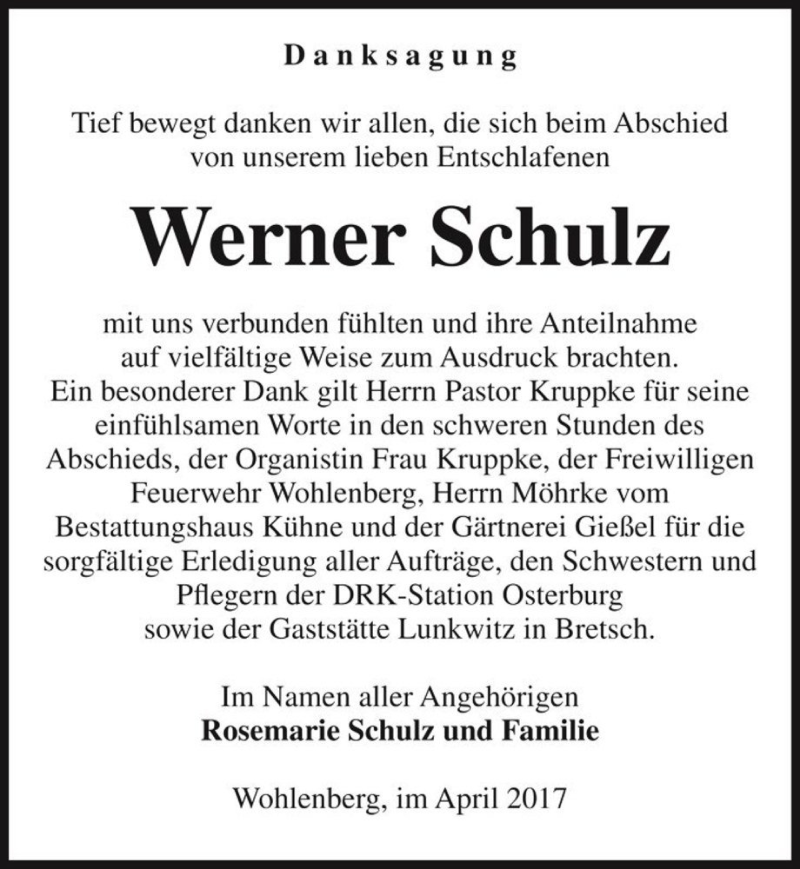  Traueranzeige für Werner Schulz  vom 29.04.2017 aus Magdeburger Volksstimme
