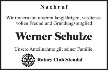Traueranzeige von Werner Schulze  von Magdeburger Volksstimme