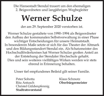 Traueranzeige von Werner Schulze  von Magdeburger Volksstimme