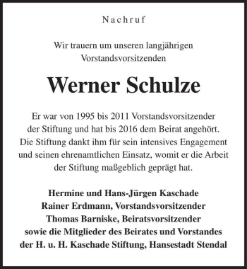Traueranzeige von Werner Schulze  von Magdeburger Volksstimme