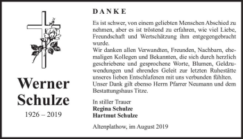 Traueranzeige von Werner Schulze  von Magdeburger Volksstimme