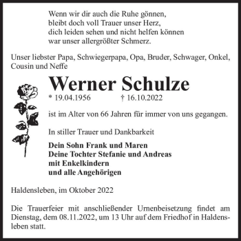Traueranzeige von Werner Schulze  von Magdeburger Volksstimme