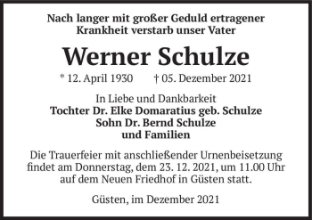 Traueranzeige von Werner Schulze  von Magdeburger Volksstimme