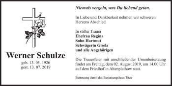 Traueranzeige von Werner Schulze  von Magdeburger Volksstimme
