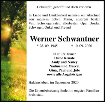 Traueranzeige von Werner Schwantner  von Magdeburger Volksstimme