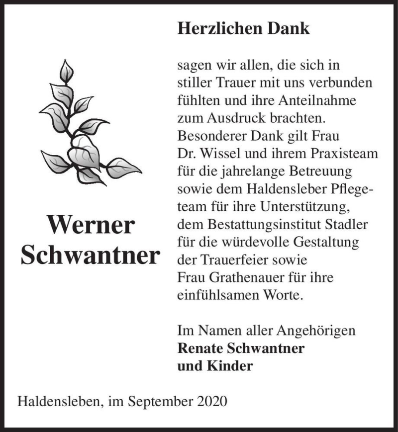  Traueranzeige für Werner Schwantner  vom 02.10.2020 aus Magdeburger Volksstimme