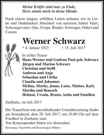 Traueranzeige von Werner Schwarz  von Magdeburger Volksstimme