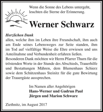 Traueranzeige von Werner Schwarz  von Magdeburger Volksstimme