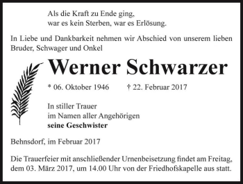 Traueranzeige von Werner Schwarzer  von Magdeburger Volksstimme