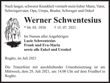 Traueranzeige von Werner Schwentesius  von Magdeburger Volksstimme
