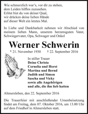 Traueranzeige von Werner Schwerin  von Magdeburger Volksstimme