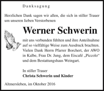 Traueranzeige von Werner Schwerin  von Magdeburger Volksstimme