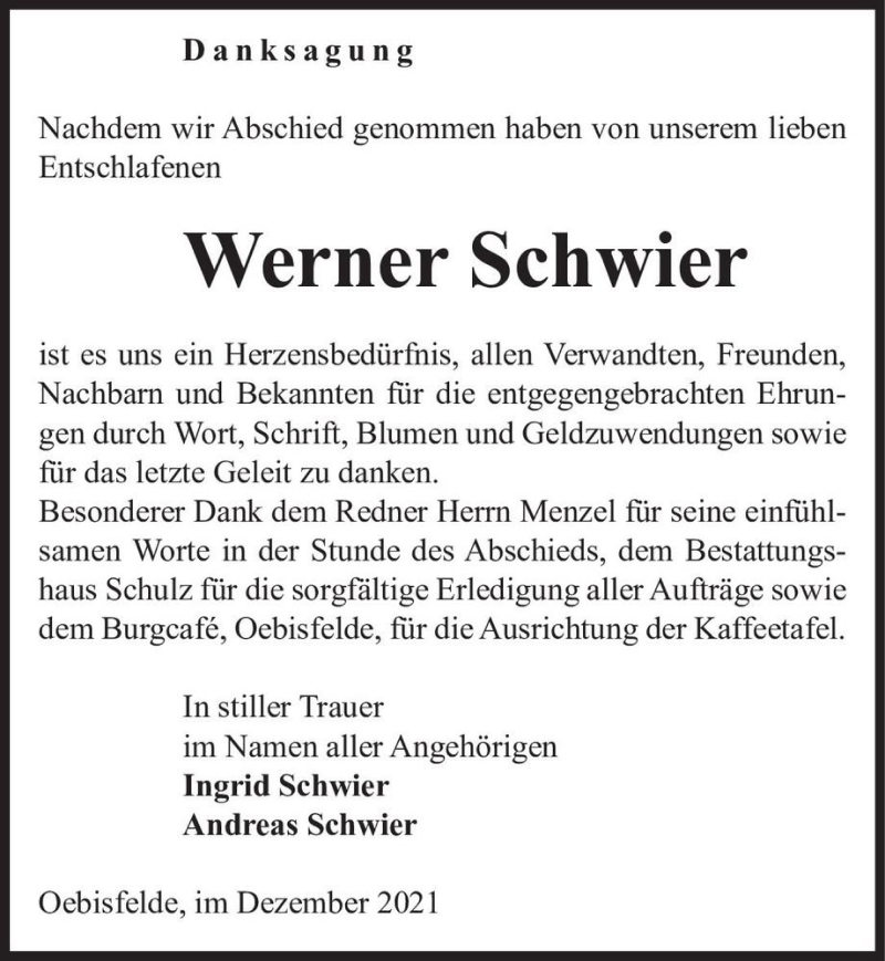  Traueranzeige für Werner Schwier  vom 18.12.2021 aus Magdeburger Volksstimme
