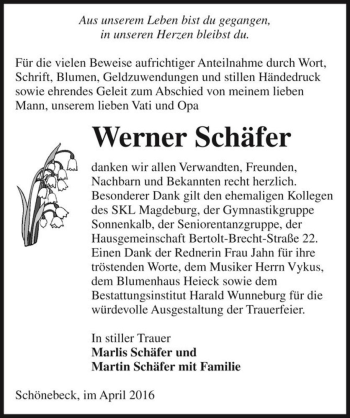 Traueranzeige von Werner Schäfer  von Magdeburger Volksstimme